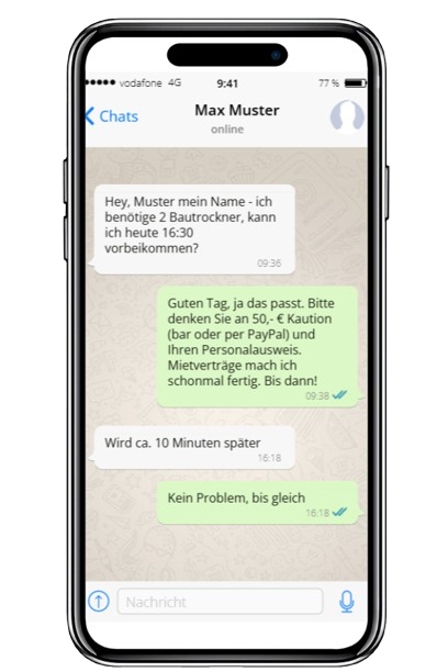 Whatsapp Chat mit Siewert Bautrockner, Bautrockner abholung